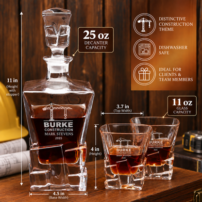 Construction Company Gifts – Rocks Decanter Set with 2 Glasses, 8 Whiskey Cubes & Wooden Box – image 02