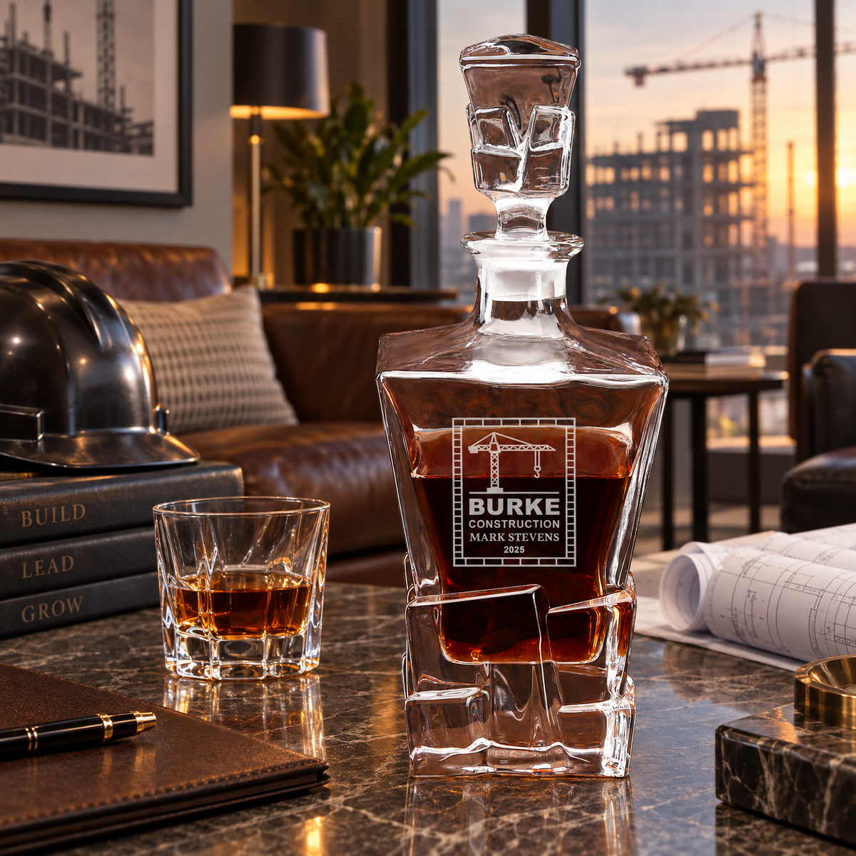 Construction Company Gifts – Rocks Decanter Set with 2 Glasses, 8 Whiskey Cubes & Wooden Box – image 06