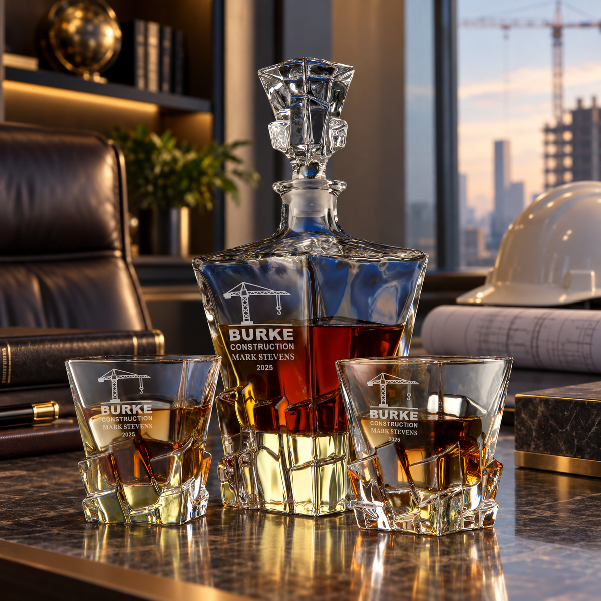 Construction Company Gifts – Rocks Decanter Set with 2 Glasses, 8 Whiskey Cubes & Wooden Box – image 10