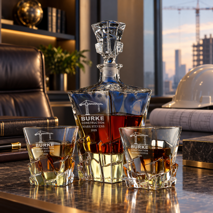 Construction Company Gifts – Rocks Decanter Set with 2 Glasses, 8 Whiskey Cubes & Wooden Box – image 10