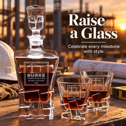 Construction Company Gifts – Rocks Decanter Set with 2 Glasses, 8 Whiskey Cubes & Wooden Box – image 14
