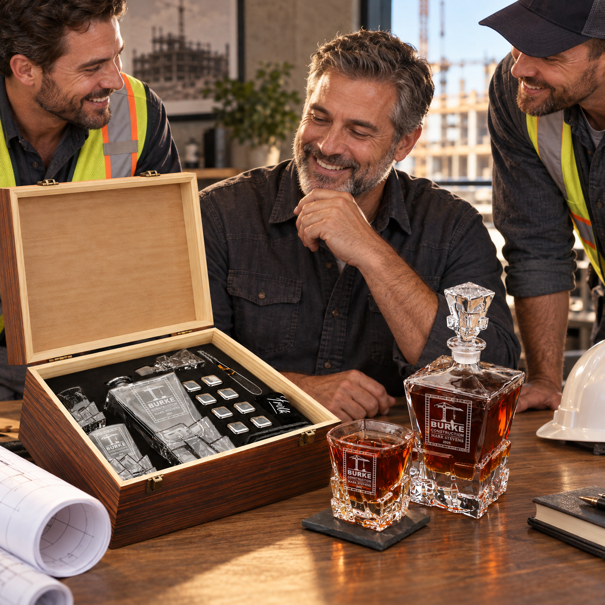 Construction Company Gifts – Rocks Decanter Set with 2 Glasses, 8 Whiskey Cubes & Wooden Box – image 15