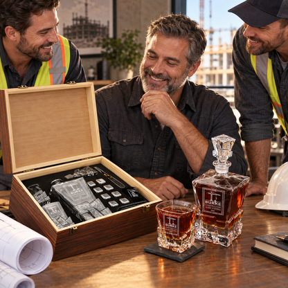 Construction Company Gifts – Rocks Decanter Set with 2 Glasses, 8 Whiskey Cubes & Wooden Box – image 15