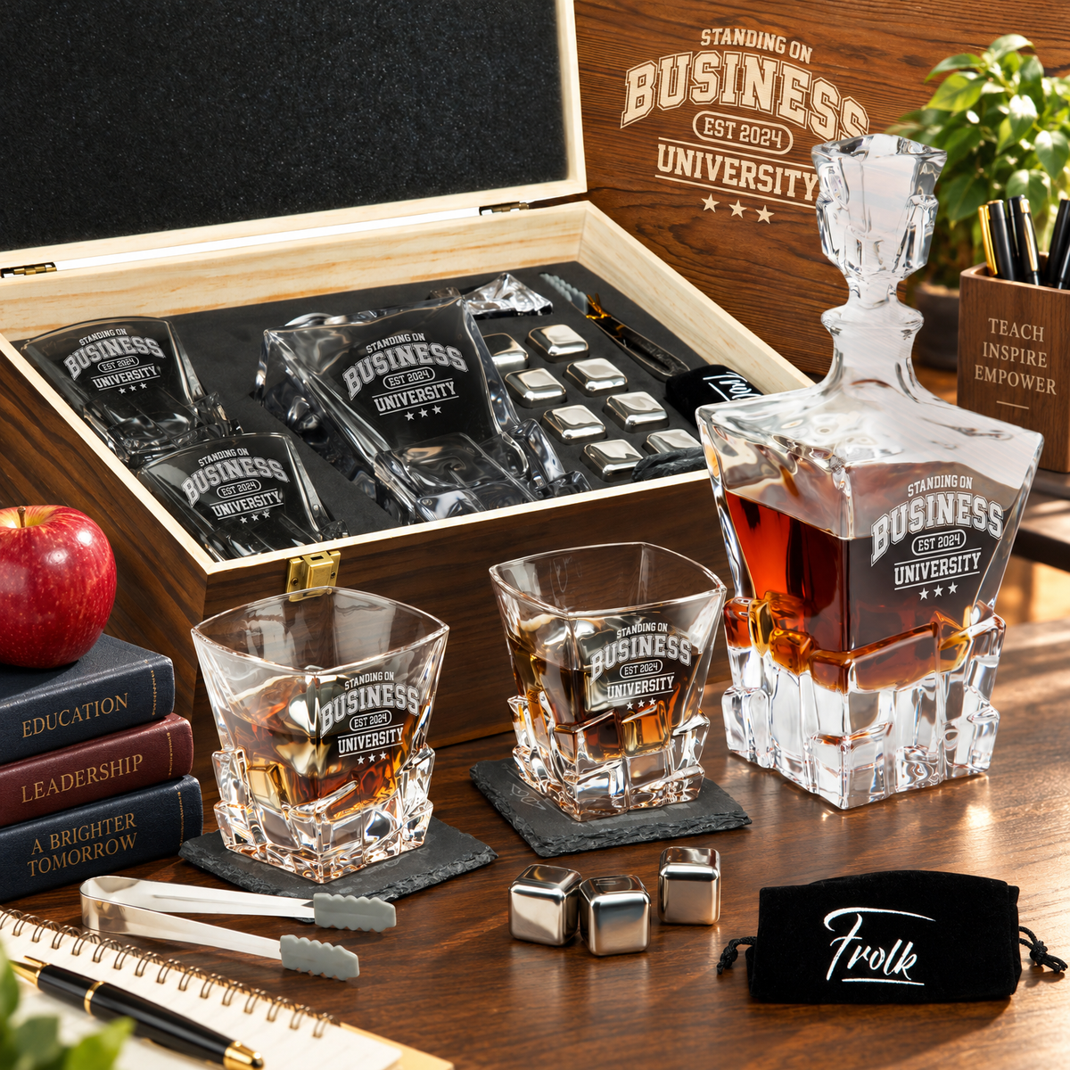 Education Company Gifts – Rocks Decanter Set with 2 Glasses, 8 Whiskey Cubes & Wooden Box – image 01