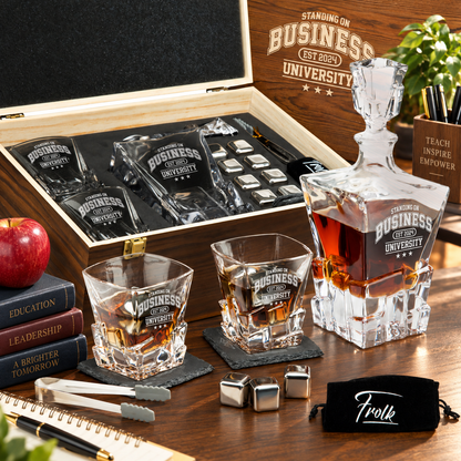 Education Company Gifts – Rocks Decanter Set with 2 Glasses, 8 Whiskey Cubes & Wooden Box – image 01