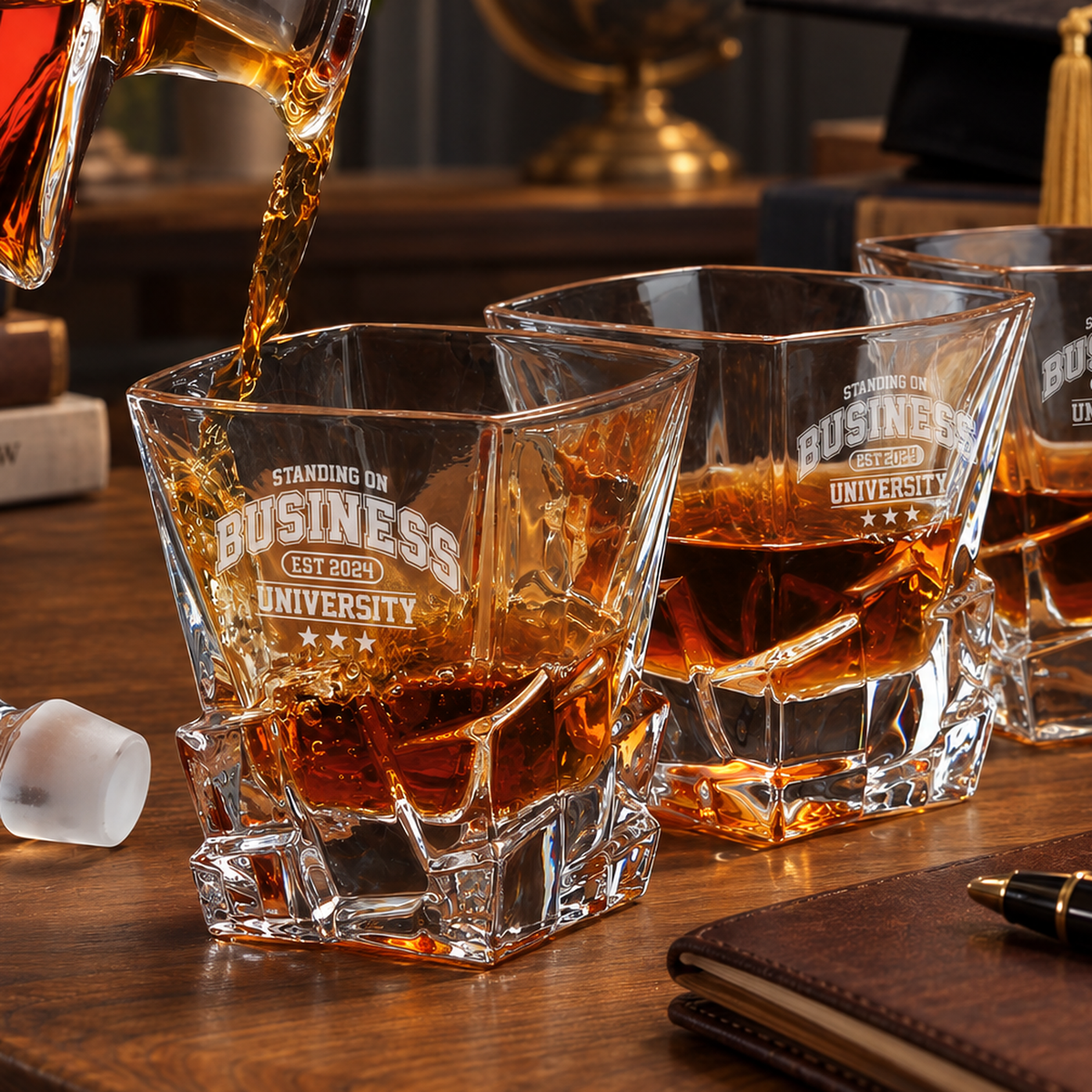 Education Company Gifts – Rocks Decanter Set with 2 Glasses, 8 Whiskey Cubes & Wooden Box – image 04