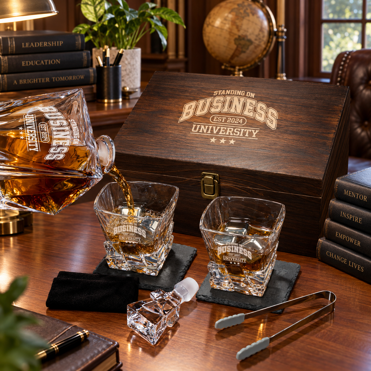 Education Company Gifts – Rocks Decanter Set with 2 Glasses, 8 Whiskey Cubes & Wooden Box – image 08