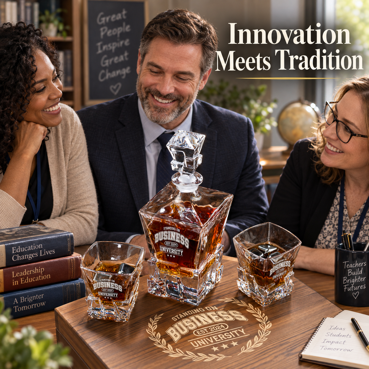 Education Company Gifts – Rocks Decanter Set with 2 Glasses, 8 Whiskey Cubes & Wooden Box – image 09