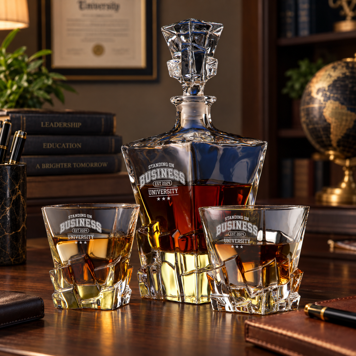 Education Company Gifts – Rocks Decanter Set with 2 Glasses, 8 Whiskey Cubes & Wooden Box – image 10