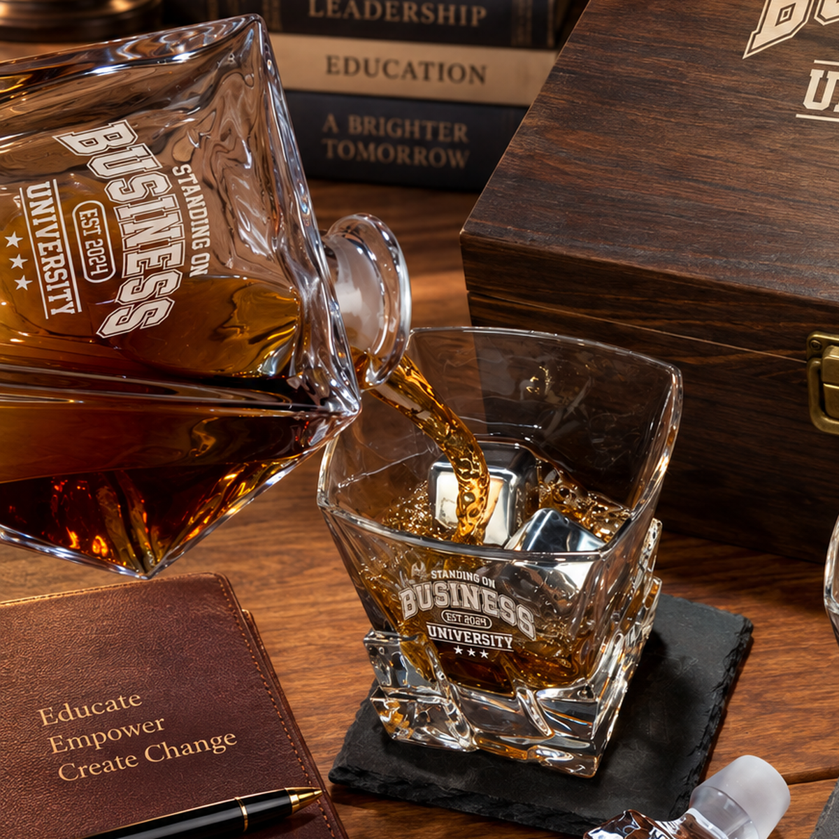 Education Company Gifts – Rocks Decanter Set with 2 Glasses, 8 Whiskey Cubes & Wooden Box – image 18