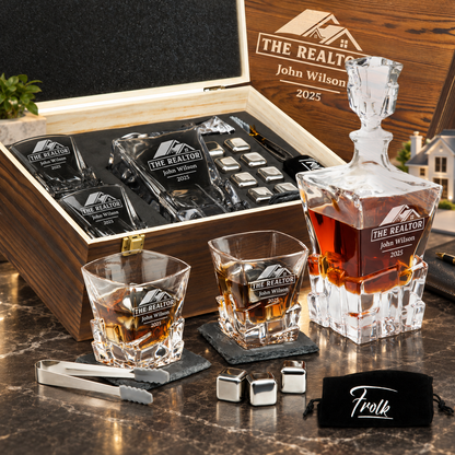 Real Estate Company Gifts – Rocks Decanter Set with 2 Glasses, 8 Whiskey Cubes & Wooden Box – image 01