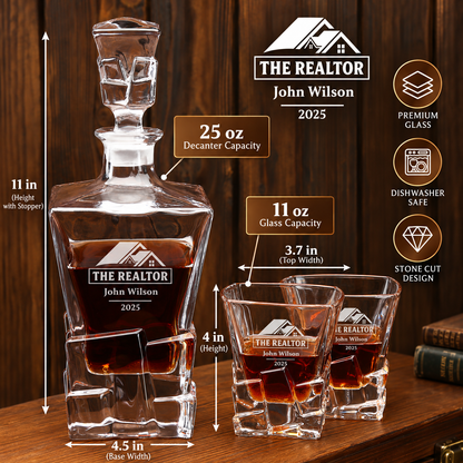 Real Estate Company Gifts – Rocks Decanter Set with 2 Glasses, 8 Whiskey Cubes & Wooden Box – image 02