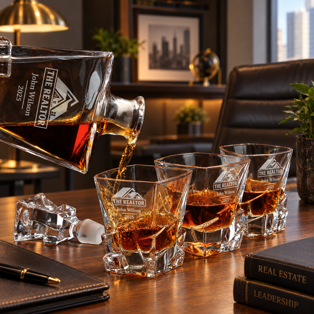 Real Estate Company Gifts – Rocks Decanter Set with 2 Glasses, 8 Whiskey Cubes & Wooden Box – image 04