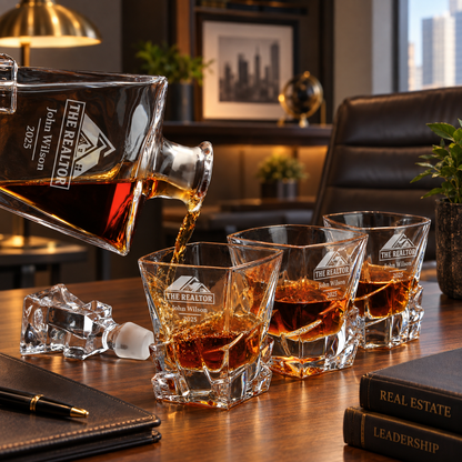 Real Estate Company Gifts – Rocks Decanter Set with 2 Glasses, 8 Whiskey Cubes & Wooden Box – image 04