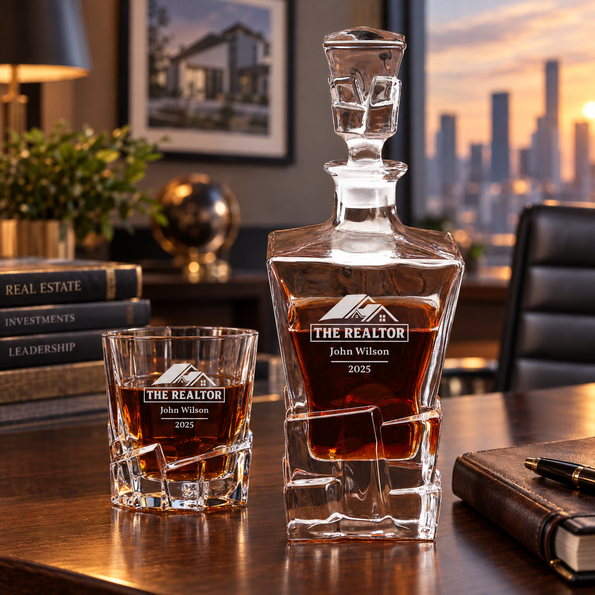Real Estate Company Gifts – Rocks Decanter Set with 2 Glasses, 8 Whiskey Cubes & Wooden Box product image