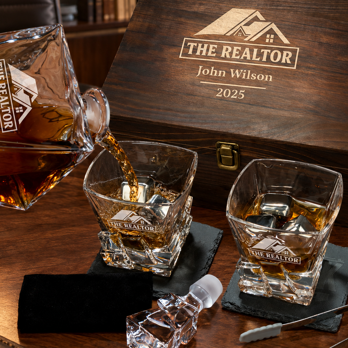 Real Estate Company Gifts – Rocks Decanter Set with 2 Glasses, 8 Whiskey Cubes & Wooden Box – image 08