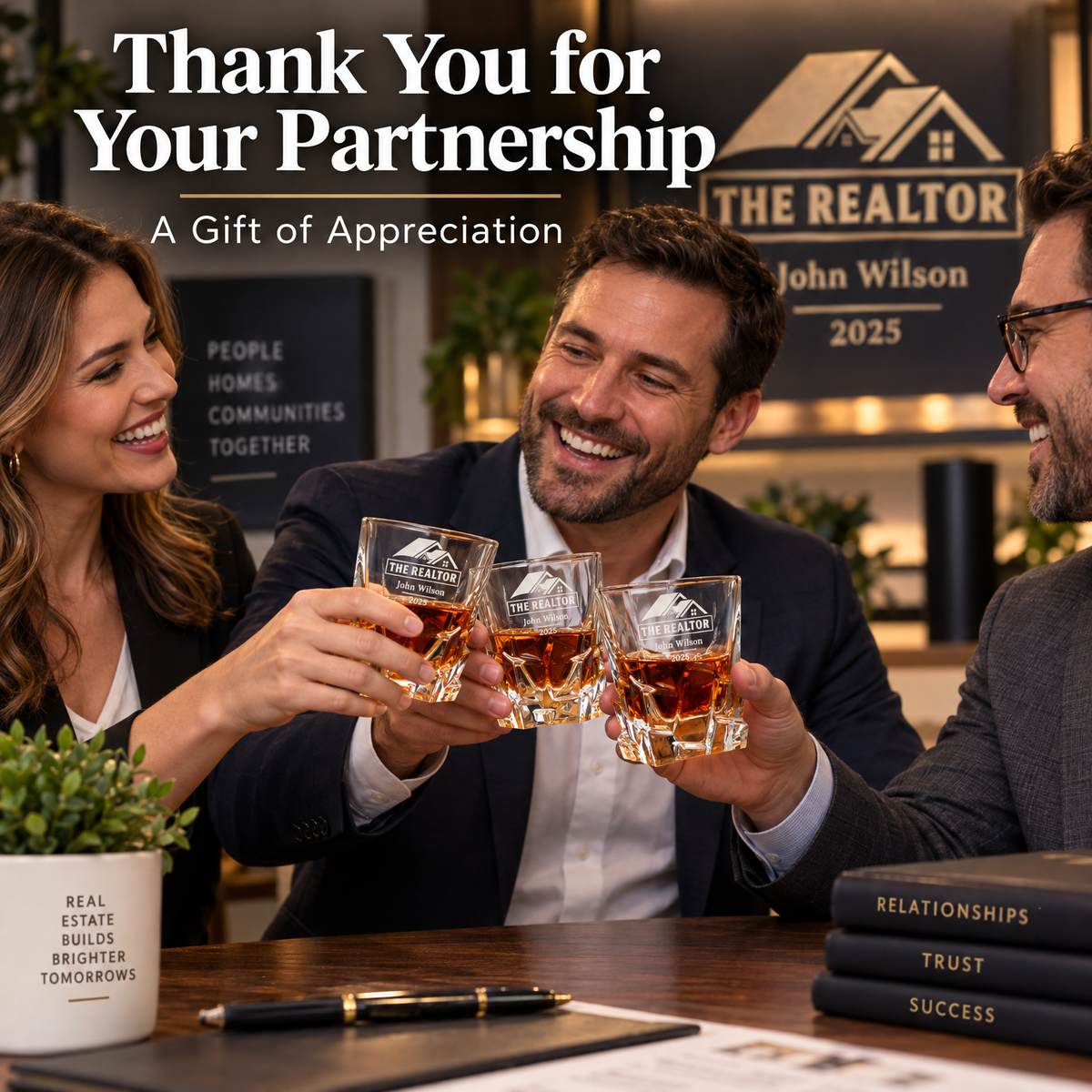 Real Estate Company Gifts – Rocks Decanter Set with 2 Glasses, 8 Whiskey Cubes & Wooden Box product image