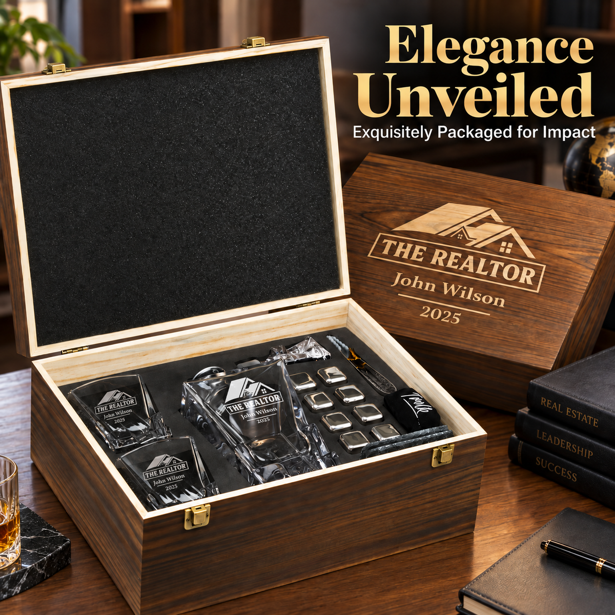 Real Estate Company Gifts – Rocks Decanter Set with 2 Glasses, 8 Whiskey Cubes & Wooden Box – image 12