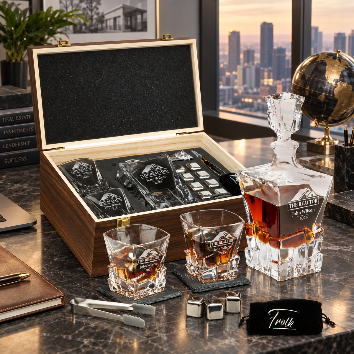 Real Estate Company Gifts – Rocks Decanter Set with 2 Glasses, 8 Whiskey Cubes & Wooden Box product image