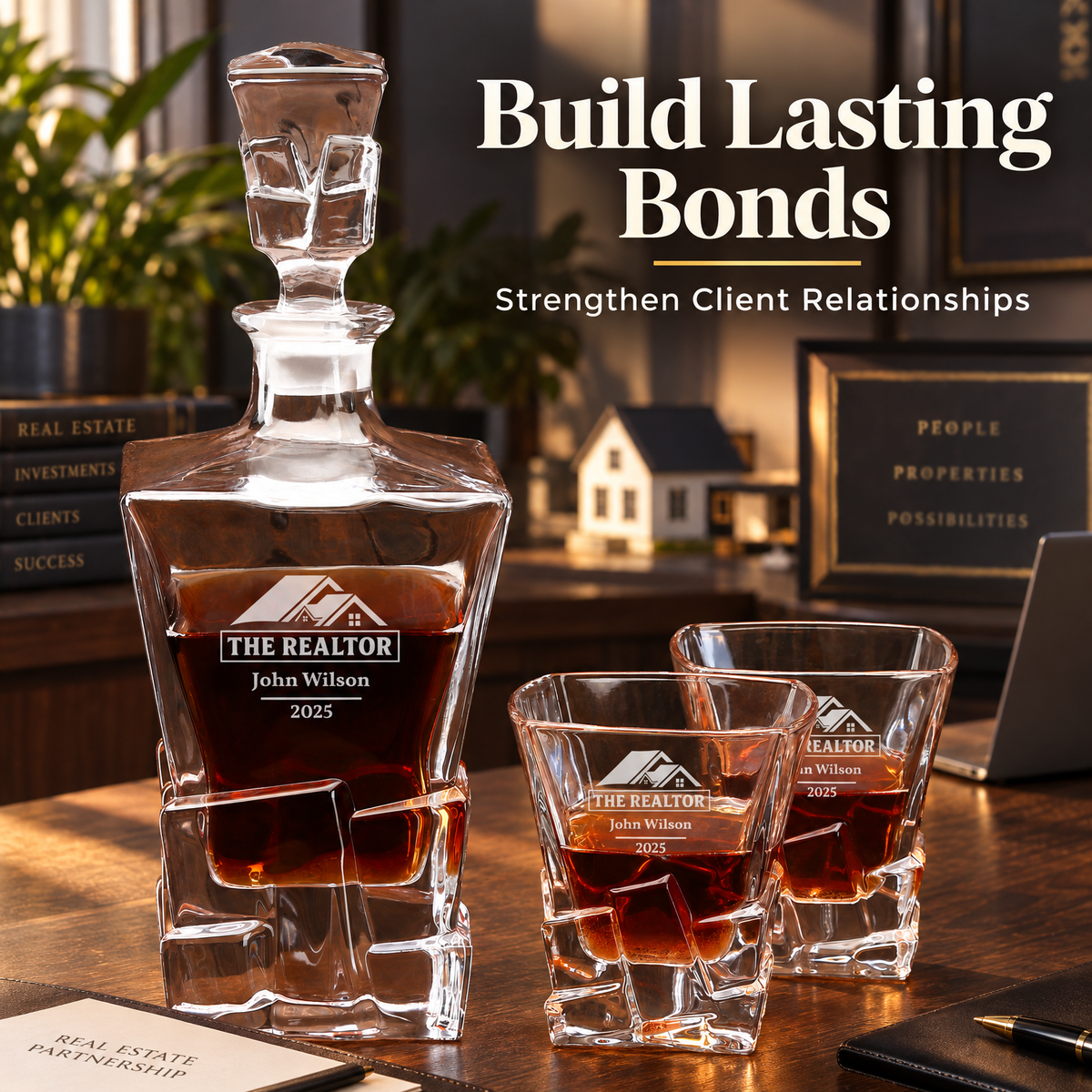 Real Estate Company Gifts – Rocks Decanter Set with 2 Glasses, 8 Whiskey Cubes & Wooden Box – image 14