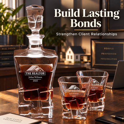 Real Estate Company Gifts – Rocks Decanter Set with 2 Glasses, 8 Whiskey Cubes & Wooden Box – image 14