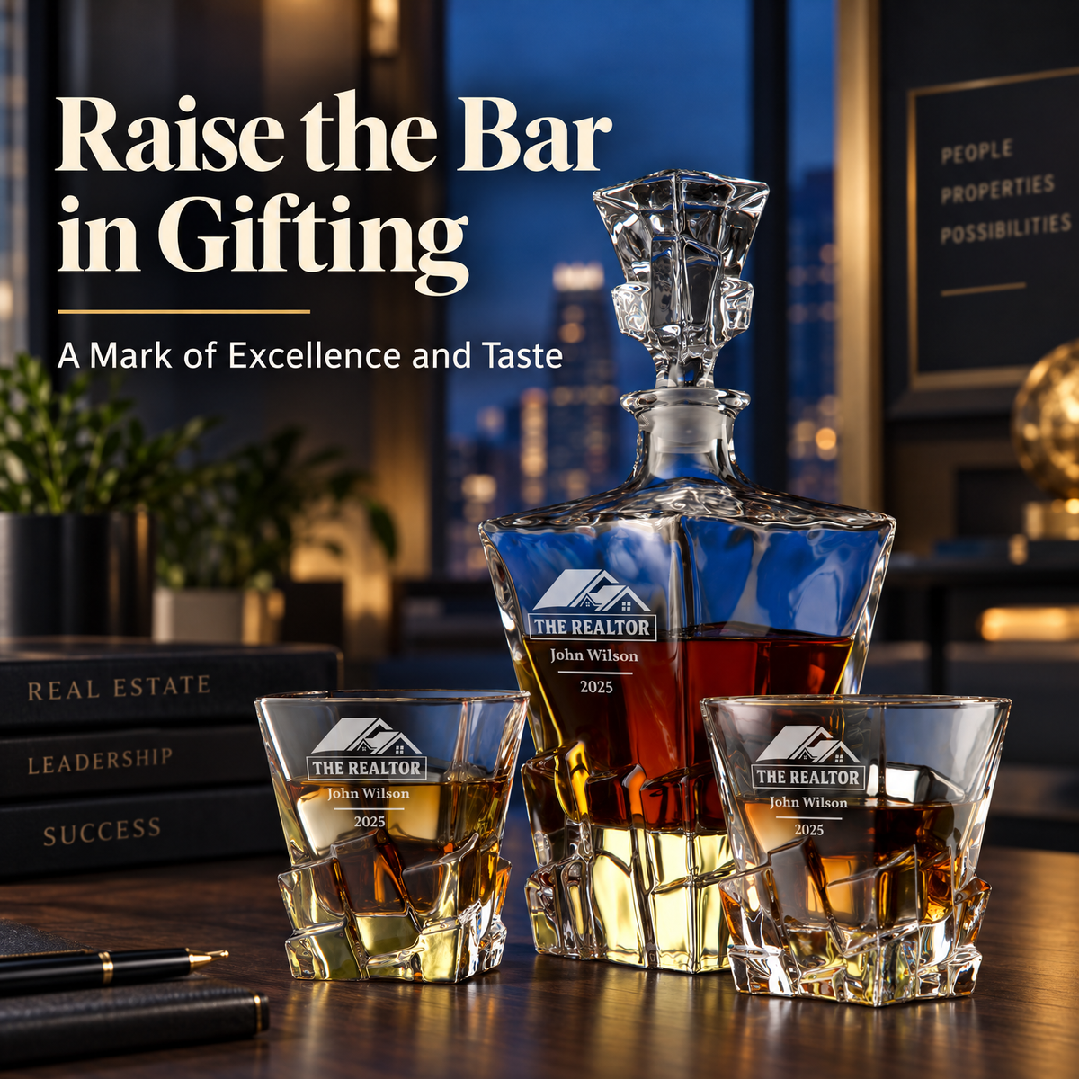Real Estate Company Gifts – Rocks Decanter Set with 2 Glasses, 8 Whiskey Cubes & Wooden Box product image