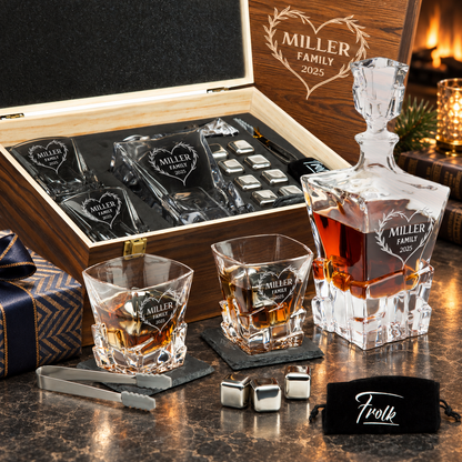 Family Gift – Rocks Decanter Set with 2 Glasses, 8 Whiskey Cubes & Wooden Box – image 01