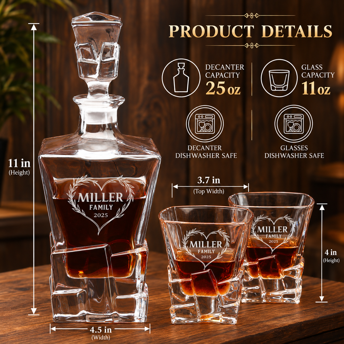 Family Gift – Rocks Decanter Set with 2 Glasses, 8 Whiskey Cubes & Wooden Box product image