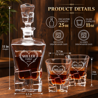 Family Gift – Rocks Decanter Set with 2 Glasses, 8 Whiskey Cubes & Wooden Box – image 02