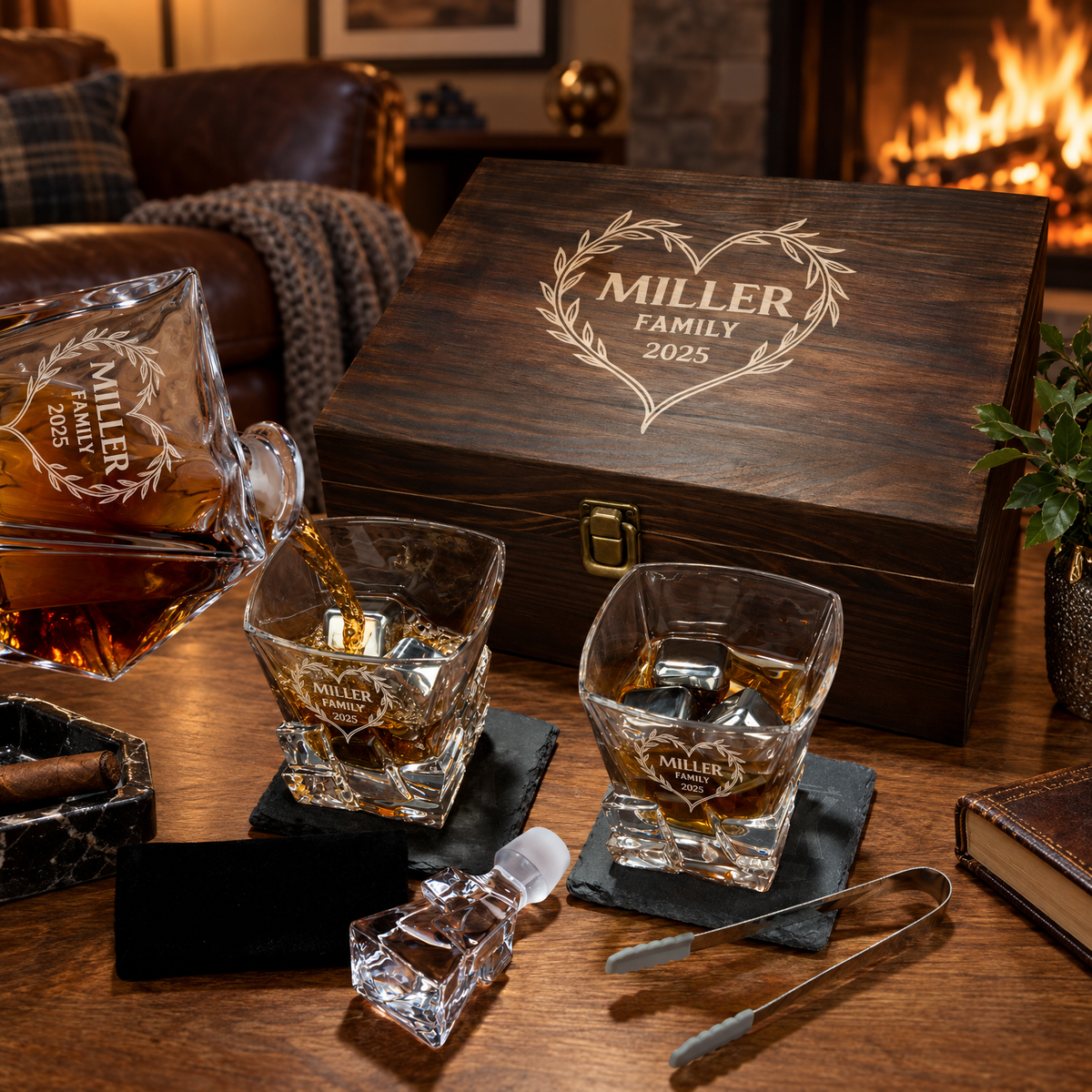 Family Gift – Rocks Decanter Set with 2 Glasses, 8 Whiskey Cubes & Wooden Box – image 08