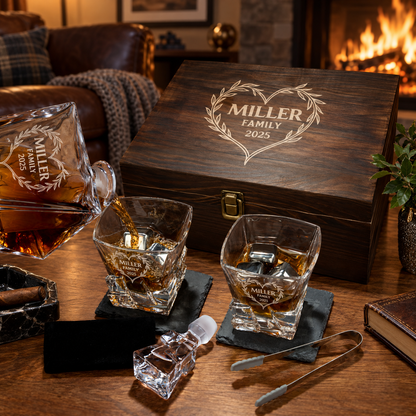 Family Gift – Rocks Decanter Set with 2 Glasses, 8 Whiskey Cubes & Wooden Box – image 08