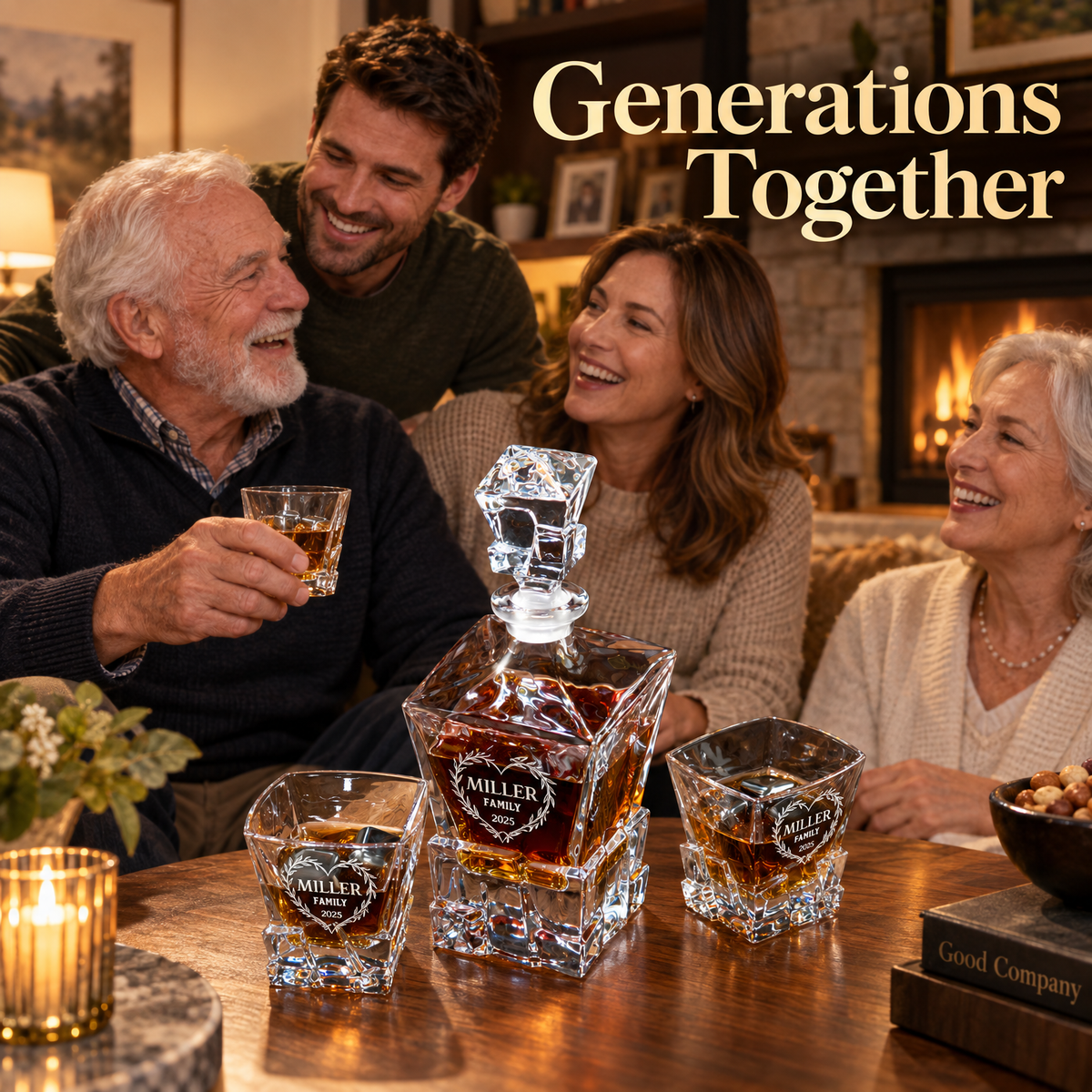 Family Gift – Rocks Decanter Set with 2 Glasses, 8 Whiskey Cubes & Wooden Box product image