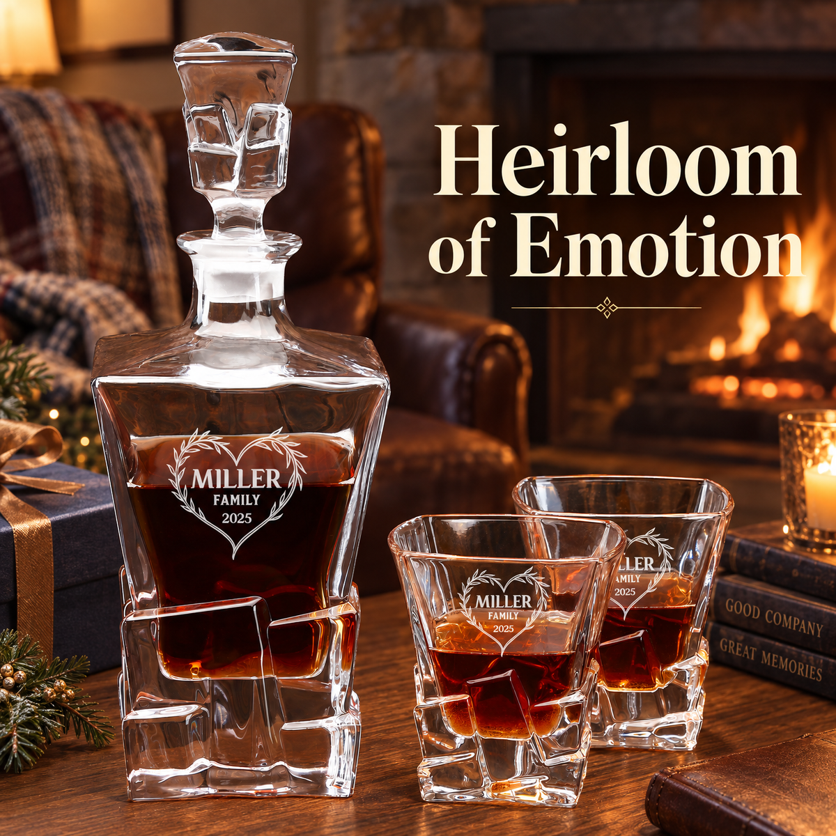 Family Gift – Rocks Decanter Set with 2 Glasses, 8 Whiskey Cubes & Wooden Box product image
