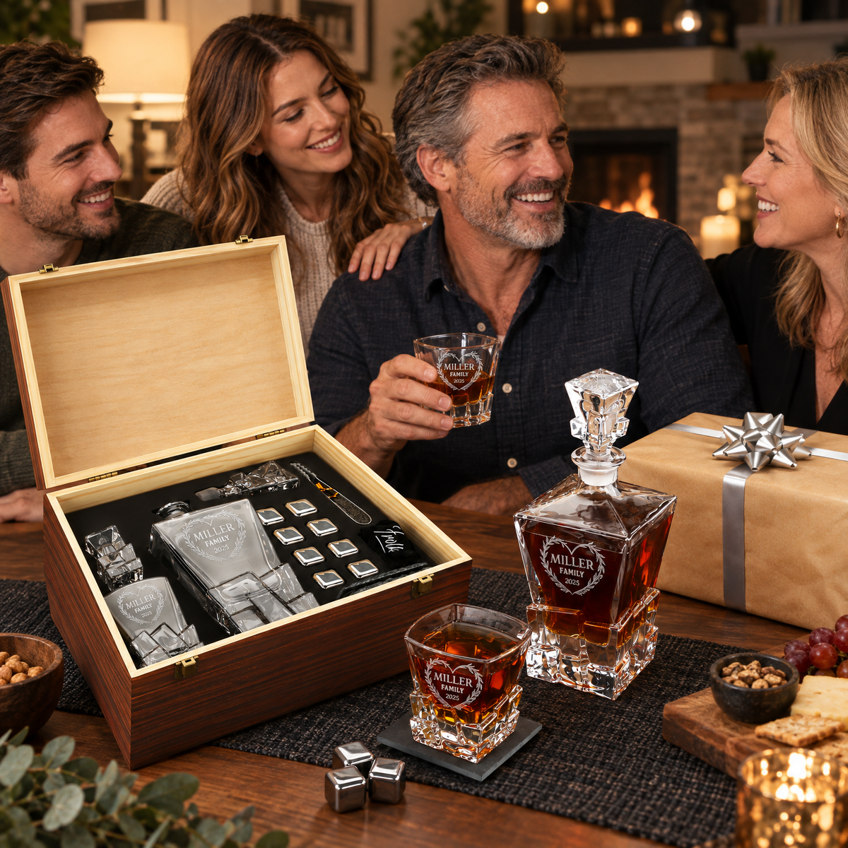Family Gift – Rocks Decanter Set with 2 Glasses, 8 Whiskey Cubes & Wooden Box – image 15