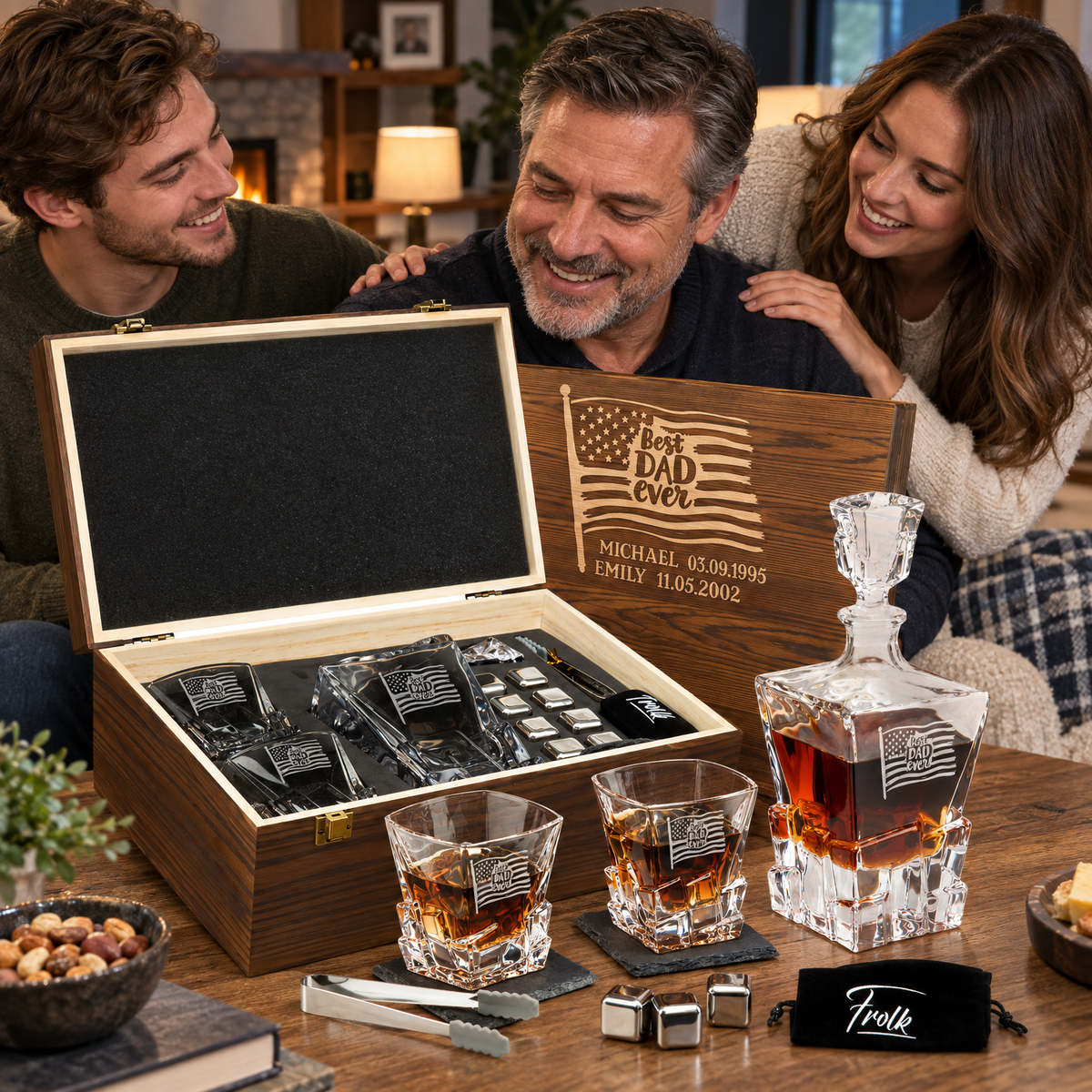 Gift for Father – Rocks Decanter Set with 2 Glasses, 8 Whiskey Cubes & Wooden Box – image 13
