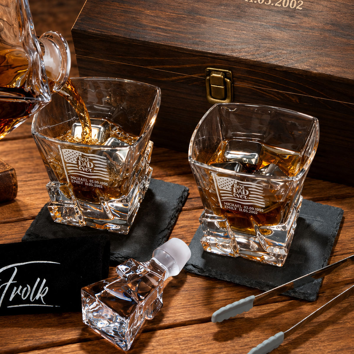 Gift for Father – Rocks Decanter Set with 2 Glasses, 8 Whiskey Cubes & Wooden Box product image
