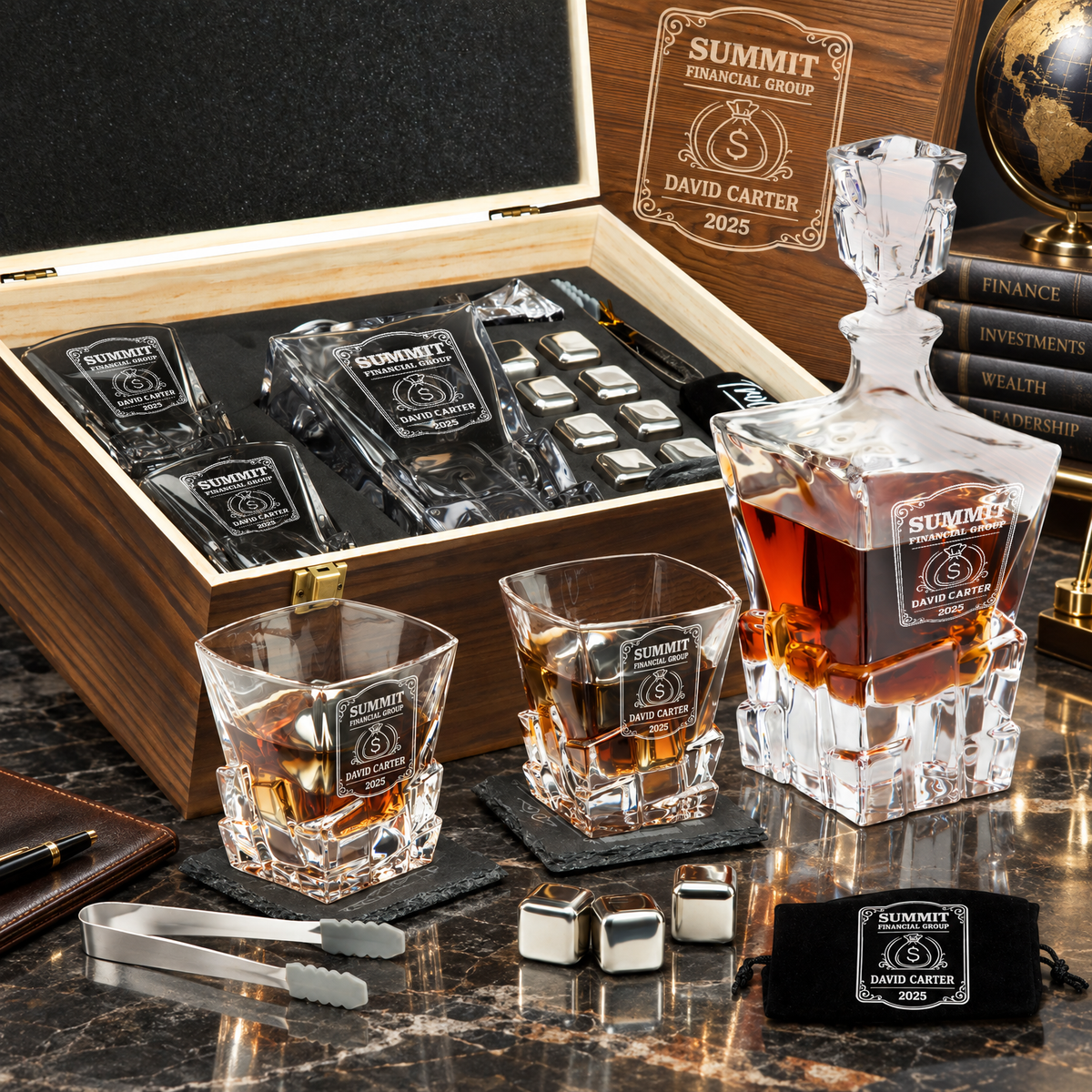 Finance Company Gifts – Rocks Decanter Set with 2 Glasses, 8 Whiskey Cubes & Wooden Box product image