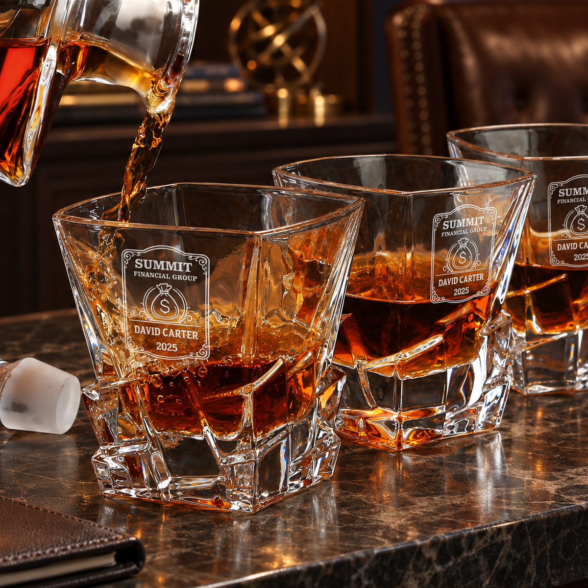 Finance Company Gifts – Rocks Decanter Set with 2 Glasses, 8 Whiskey Cubes & Wooden Box – image 04