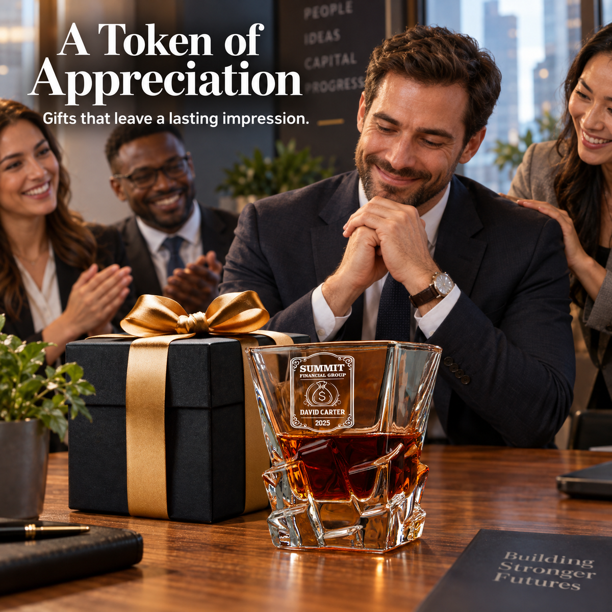 Finance Company Gifts – Rocks Decanter Set with 2 Glasses, 8 Whiskey Cubes & Wooden Box product image