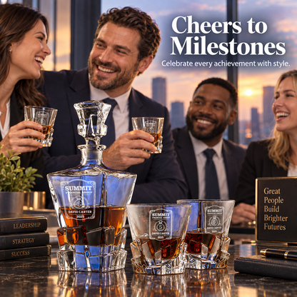 Finance Company Gifts – Rocks Decanter Set with 2 Glasses, 8 Whiskey Cubes & Wooden Box – image 07