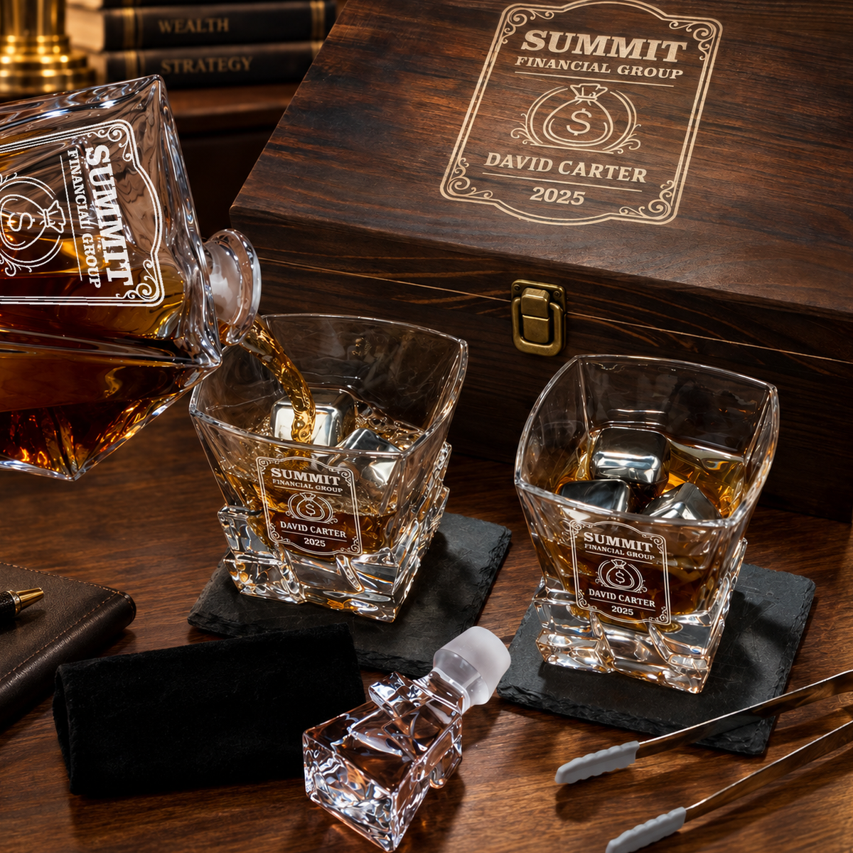 Finance Company Gifts – Rocks Decanter Set with 2 Glasses, 8 Whiskey Cubes & Wooden Box – image 08