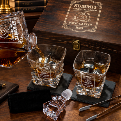 Finance Company Gifts – Rocks Decanter Set with 2 Glasses, 8 Whiskey Cubes & Wooden Box – image 08