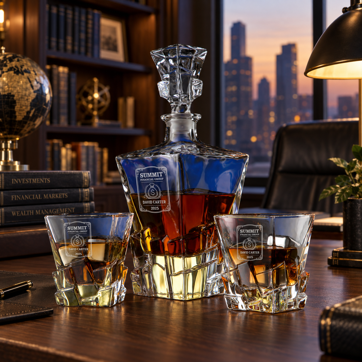 Finance Company Gifts – Rocks Decanter Set with 2 Glasses, 8 Whiskey Cubes & Wooden Box product image