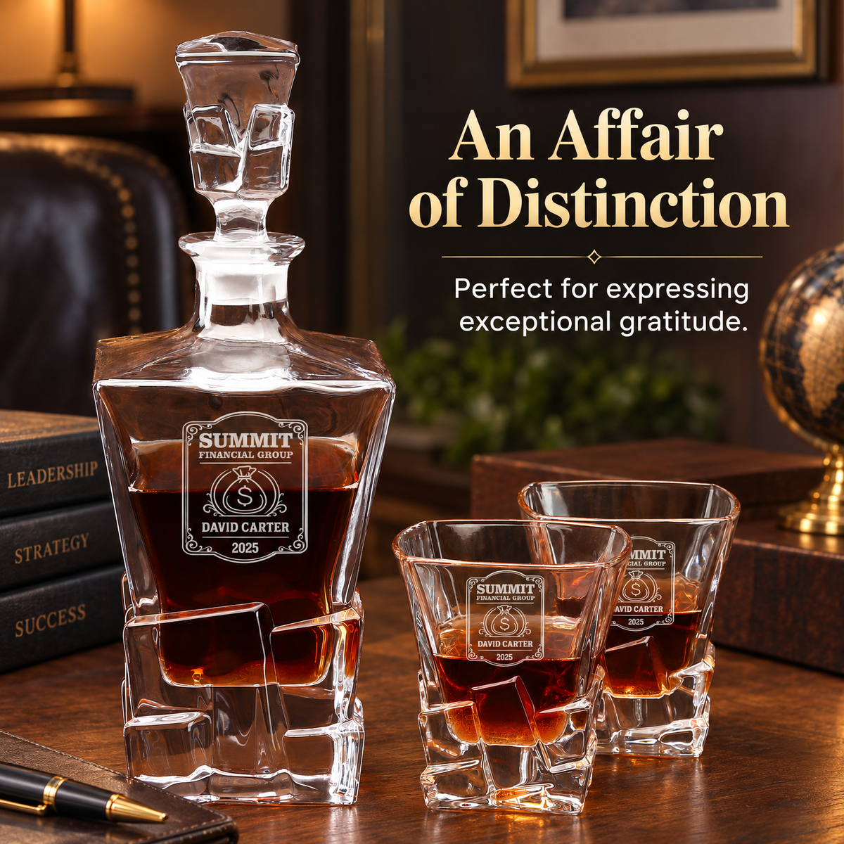 Finance Company Gifts – Rocks Decanter Set with 2 Glasses, 8 Whiskey Cubes & Wooden Box – image 14
