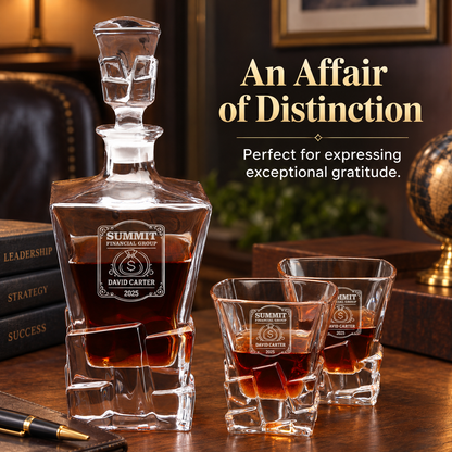 Finance Company Gifts – Rocks Decanter Set with 2 Glasses, 8 Whiskey Cubes & Wooden Box – image 14
