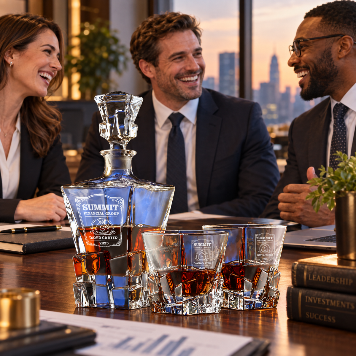 Finance Company Gifts – Rocks Decanter Set with 2 Glasses, 8 Whiskey Cubes & Wooden Box – image 17