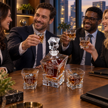 Finance Company Gifts – Rocks Decanter Set with 2 Glasses, 8 Whiskey Cubes & Wooden Box – image 19
