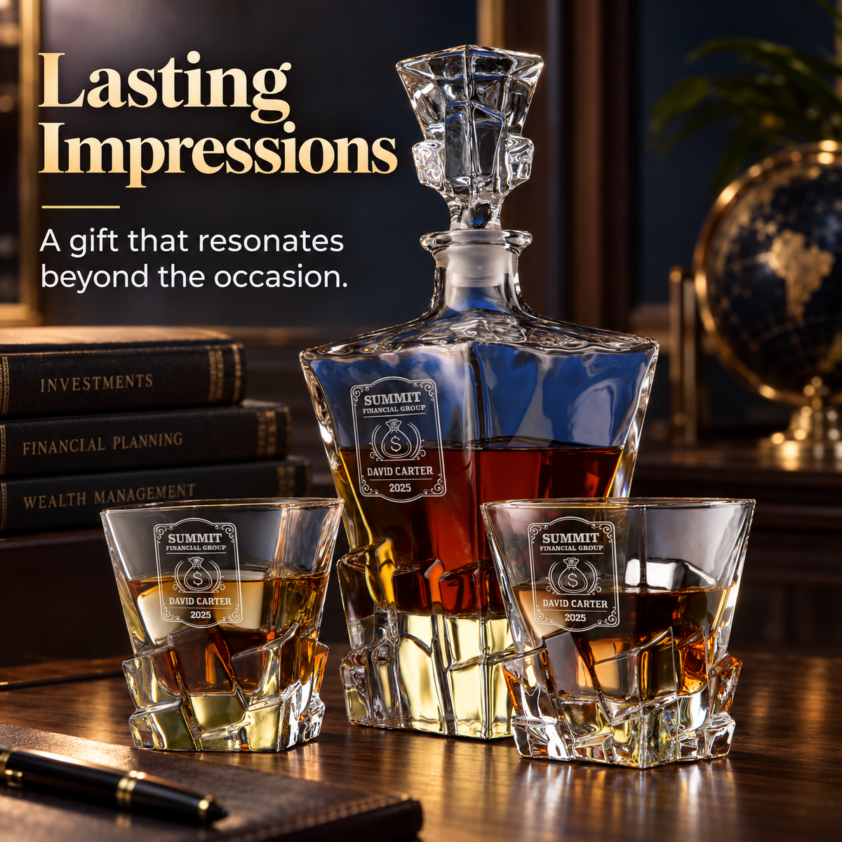 Finance Company Gifts – Rocks Decanter Set with 2 Glasses, 8 Whiskey Cubes & Wooden Box product image