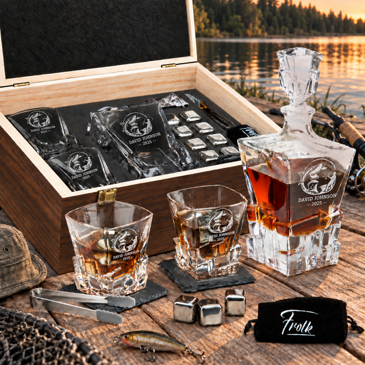 Gift for Fishermen – Rocks Decanter Set with 2 Glasses, 8 Whiskey Cubes & Wooden Box – image 01