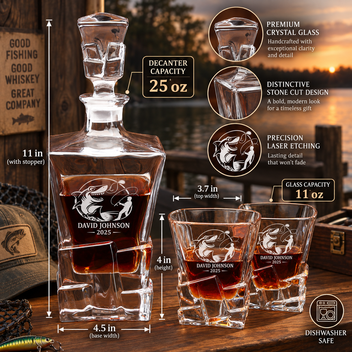 Gift for Fishermen – Rocks Decanter Set with 2 Glasses, 8 Whiskey Cubes & Wooden Box – image 02